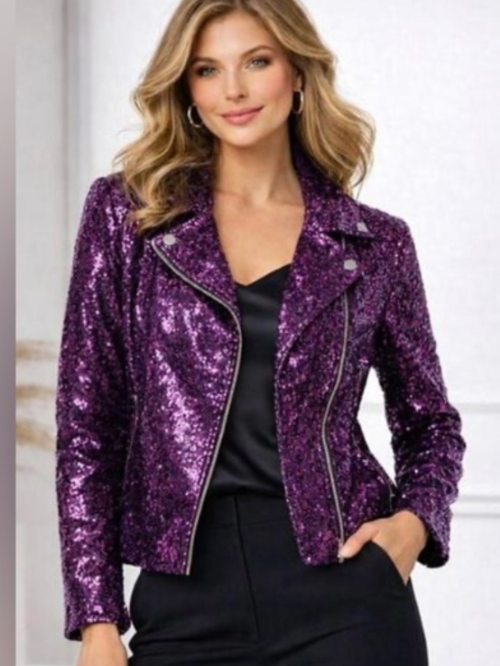 New Colleen Lopez Sequin Purple Moto Jacket
